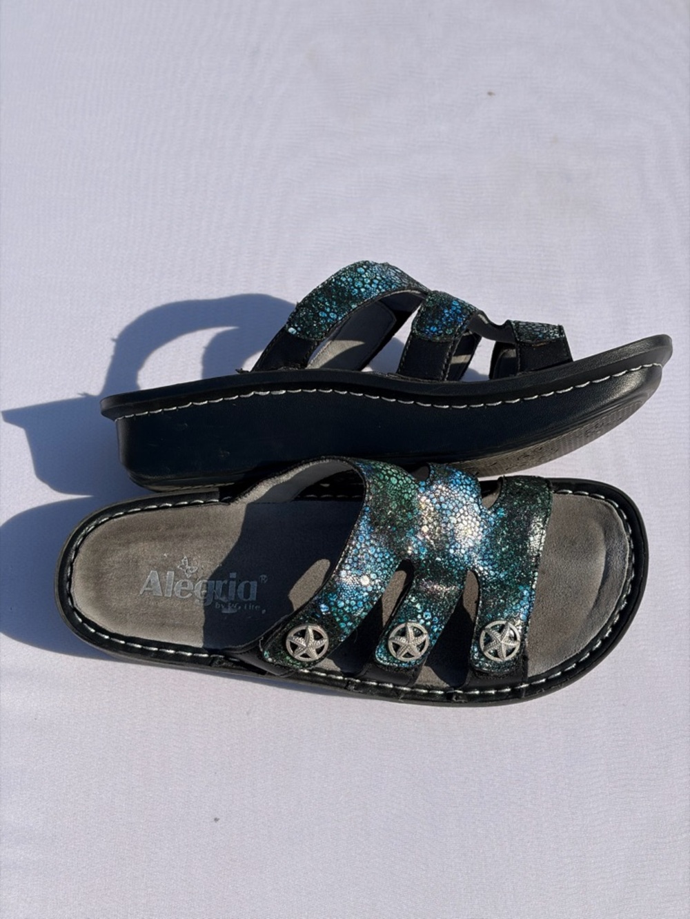 Alegria Iridescent Deep Sea Blue Sparkle Slide Sandals Dinah 38 - Picture 3 of 6